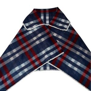 Plaid Fleece Poncho-Red, Blue, White-white crochet trim-size Medium